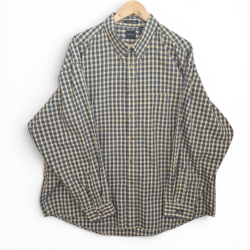 Arrow Shirt Mens XXL 2XL Black Yellow Plaid Button Down Wrinkle Free Cotton Blen